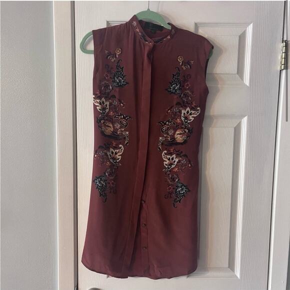 All Saints Brown Floral Embroidered Silk Mini Dress - Picture 1 of 6